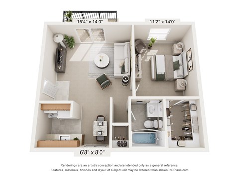 A 3D floor plan of a small apartment with a kitchen, living room, and bathroom.